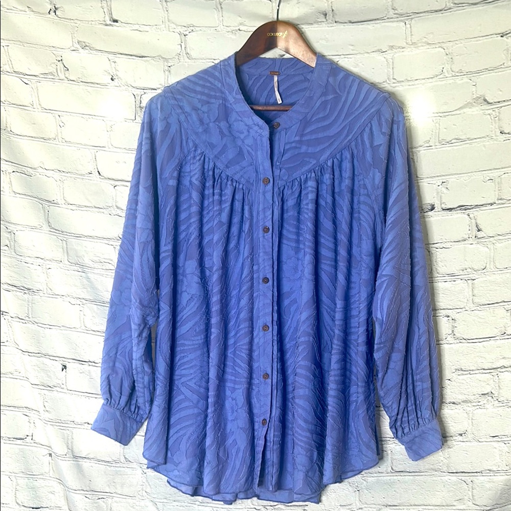 Free People Purple Flowy Long Bell Sleeve Button Down Top Size Medium